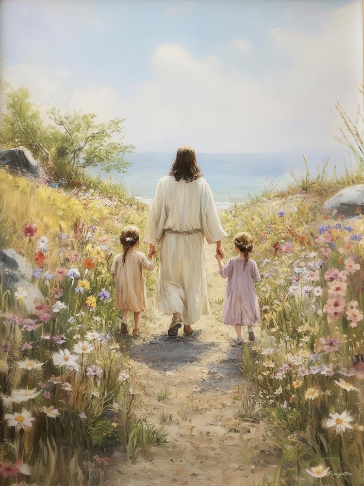 Considérez les Lys Art Chrétien Art Biblique Art Jésus Téléchargement Numérique Art Mural Paysage Floral Jésus Christ Avec Enfants