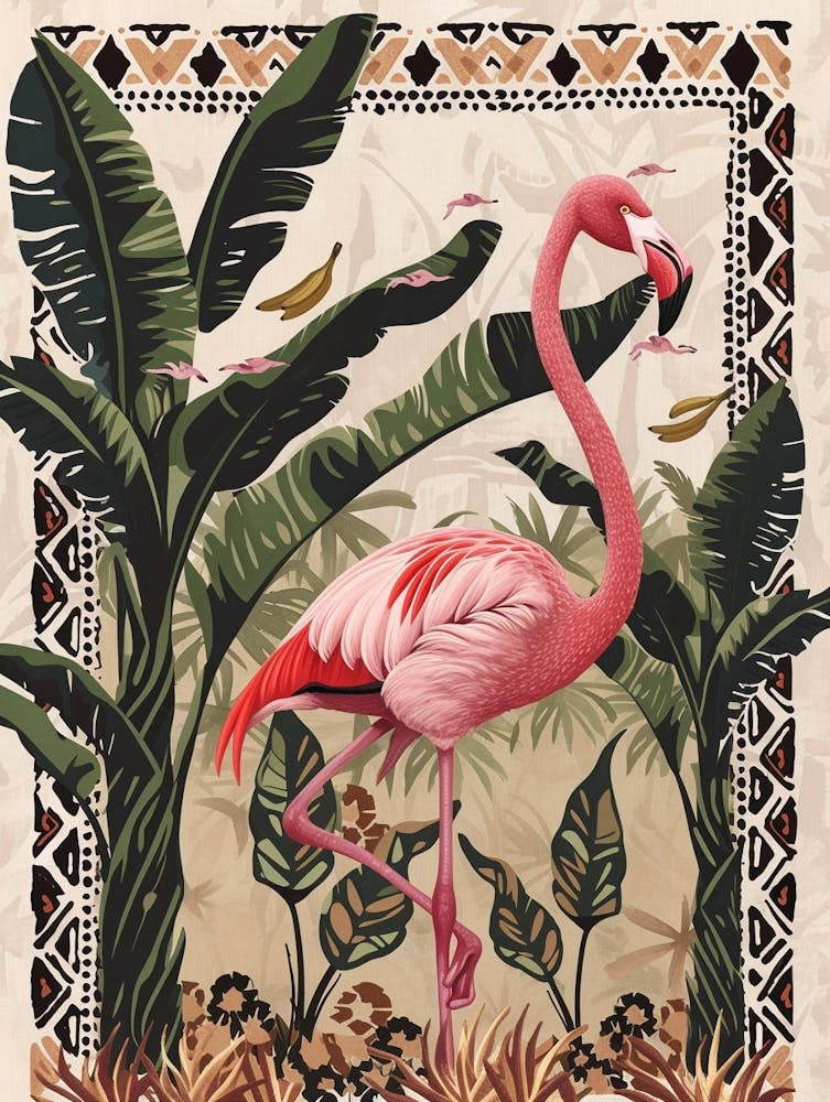 Greater Flamingo And Banana Plants Boho Print 3