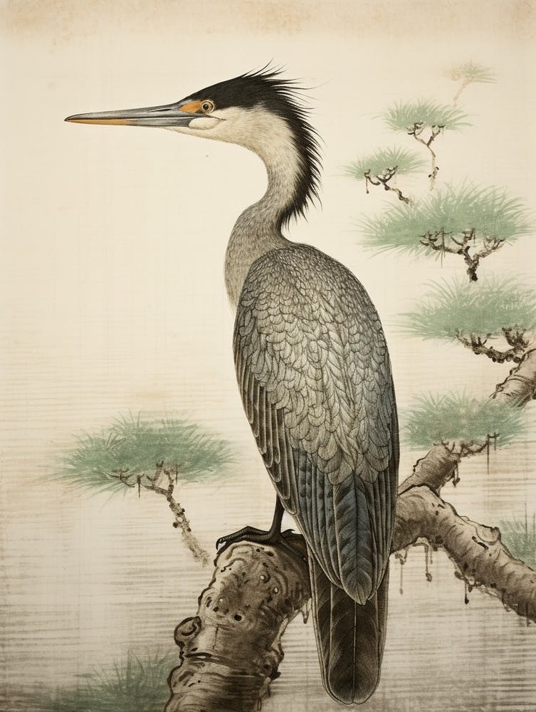 Von Ohara Koson inspiriertes Vogelgemälde Kormoran 2