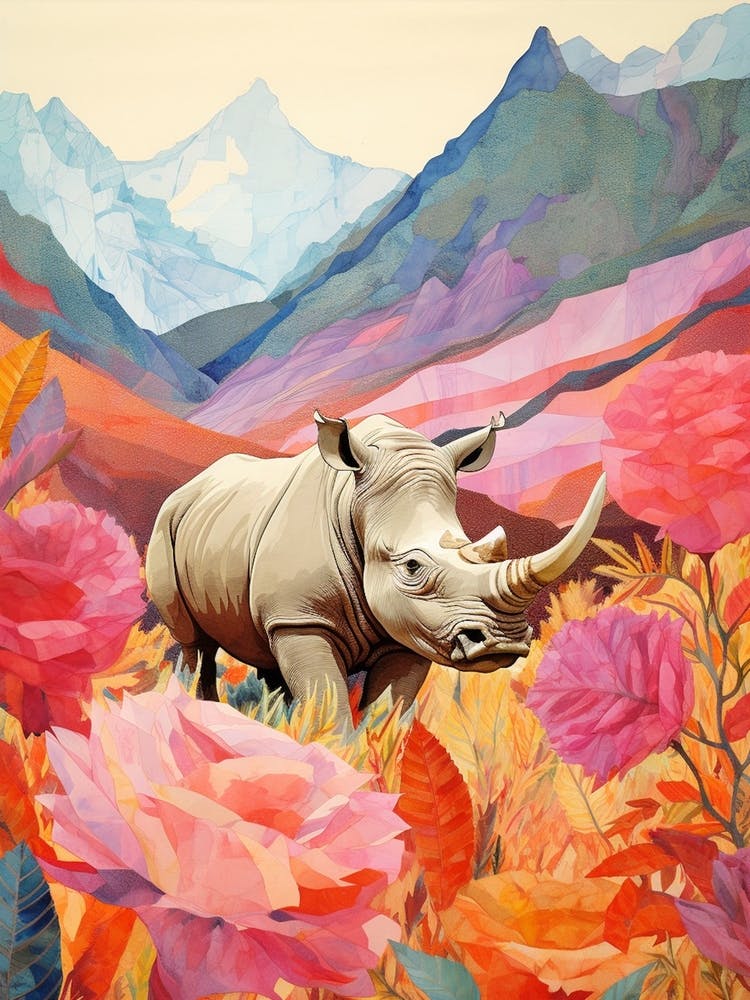 Patchwork Floral Rhino With Mountain In The Background 1