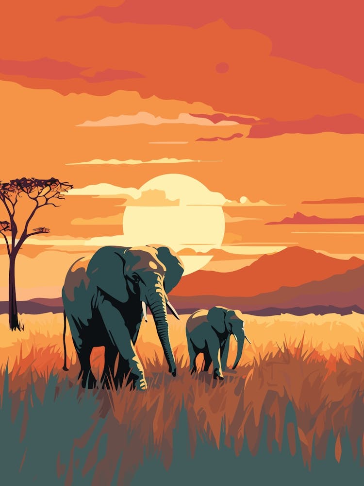 Sunset Elephants in Savana