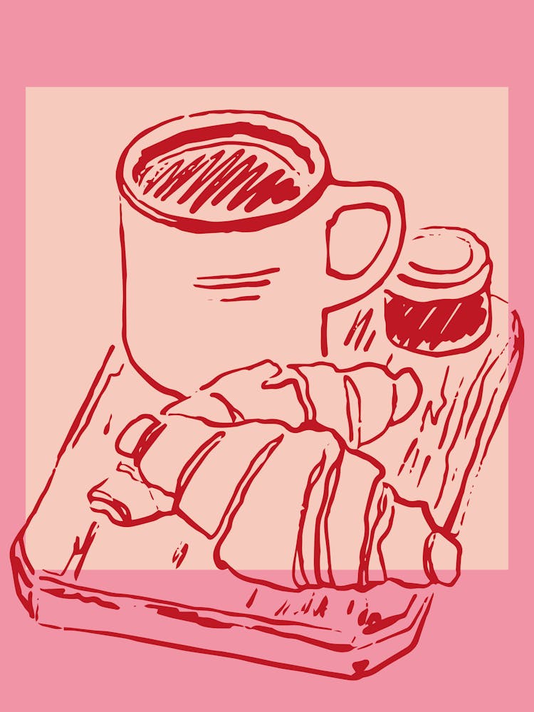 Pink Coffee And Croissants Art - Breakfast Nook Decor - Pink & Red Minimalist Art