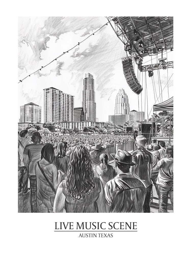 Live Music Scene Austin Texas Black And White Drawing 1 Poster