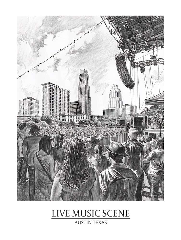 Live Music Scene Austin Texas Black And White Drawing 1 Poster