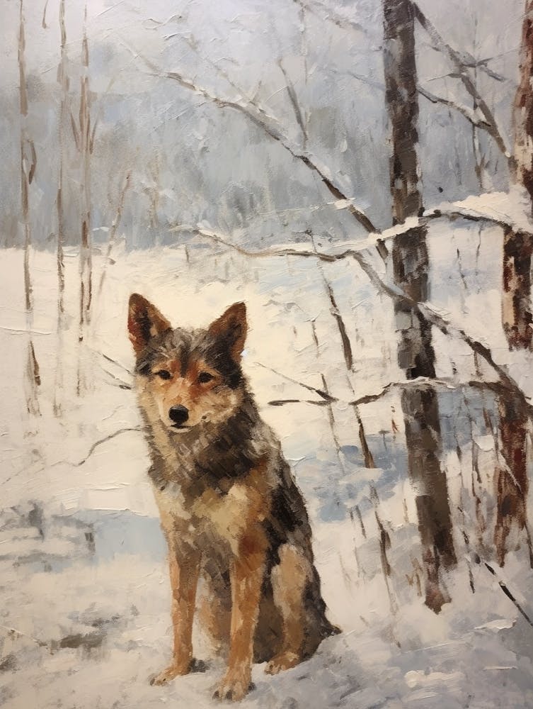 Vintage Winter Tiergemälde Roter Wolf 1
