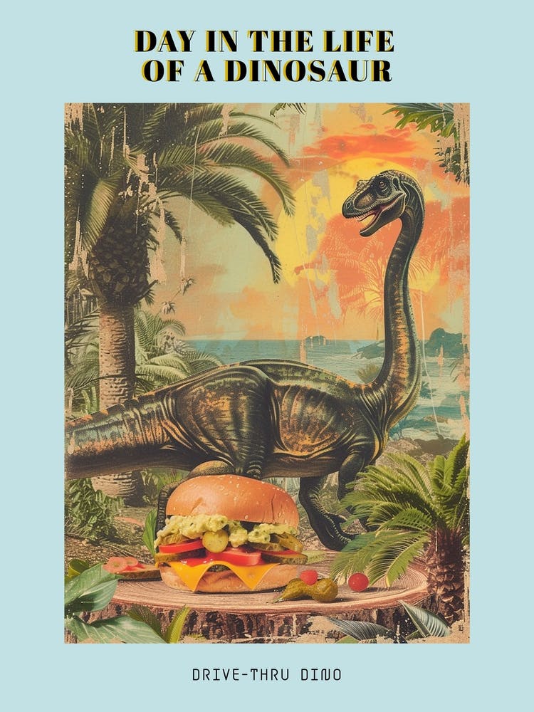 Dinosaur & A Hamburger Retro Collage 2 Poster