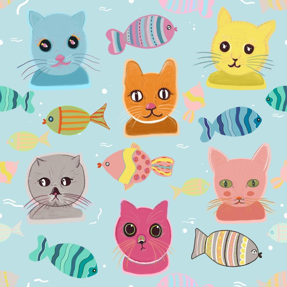 Cute Cat Faces Pattern Blue Background Square
