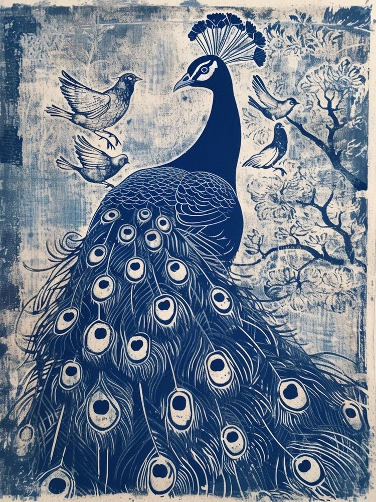 Peacock With Other Birds Linocut Inspired