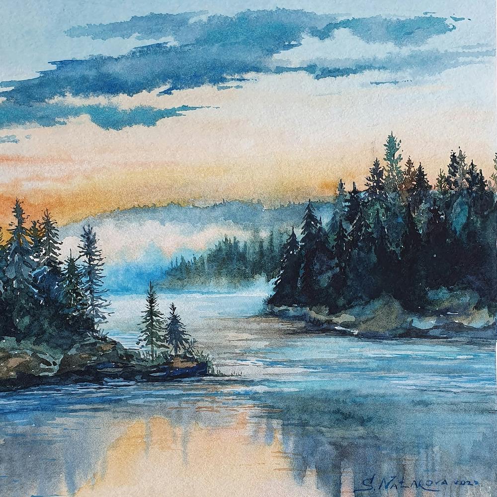 Watercolor Landscape Forest Lake Square