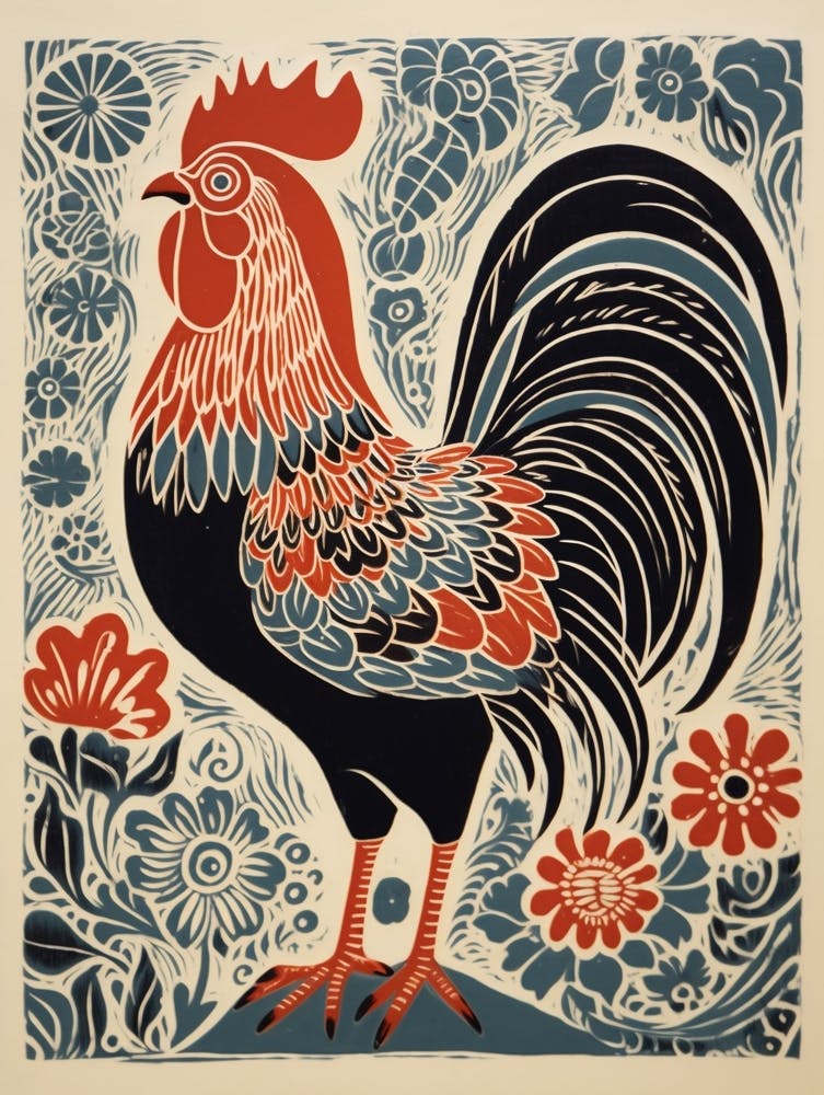 Vintage Bird Linocut Chicken 8