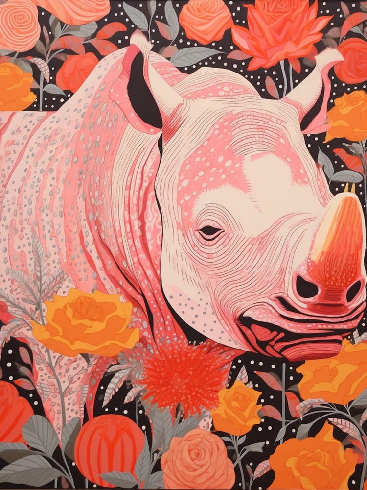 Floral Abstract Orange Linocut Inspired Rhino 1