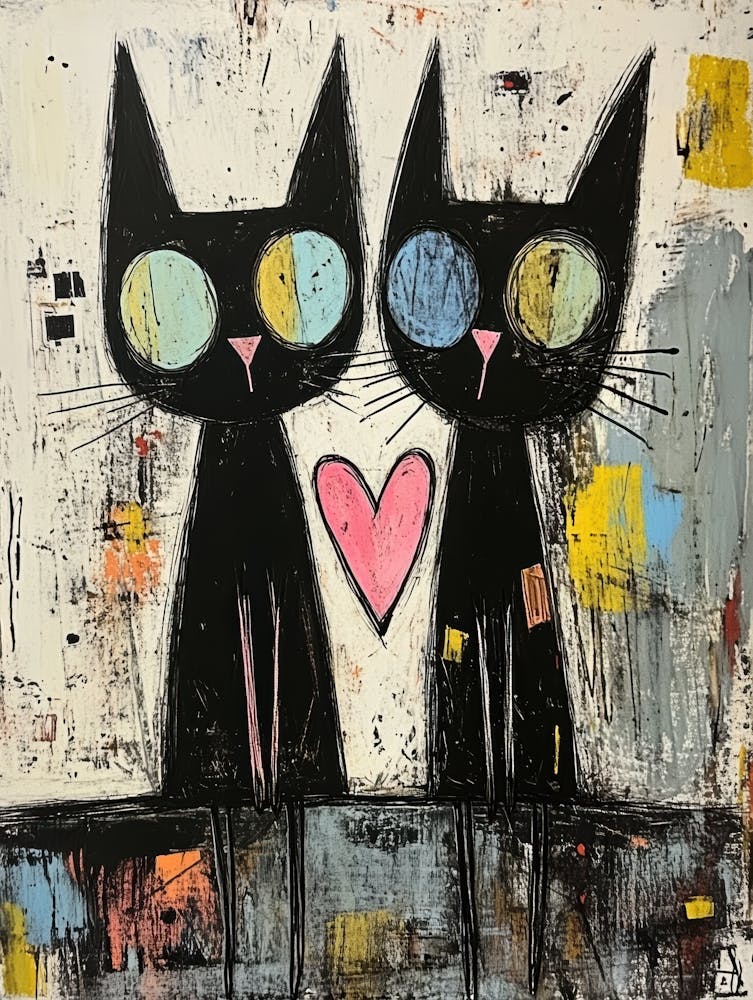 Two Black Cats With Hearts