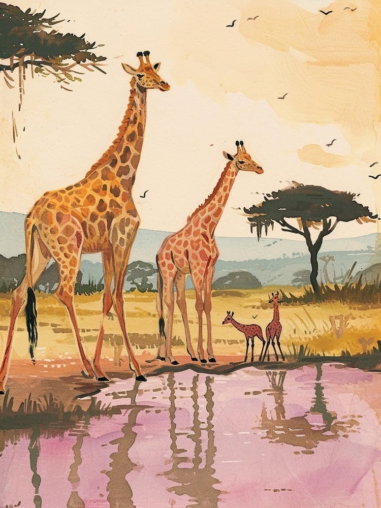 Giraffe With Other Animals By The Lake 2