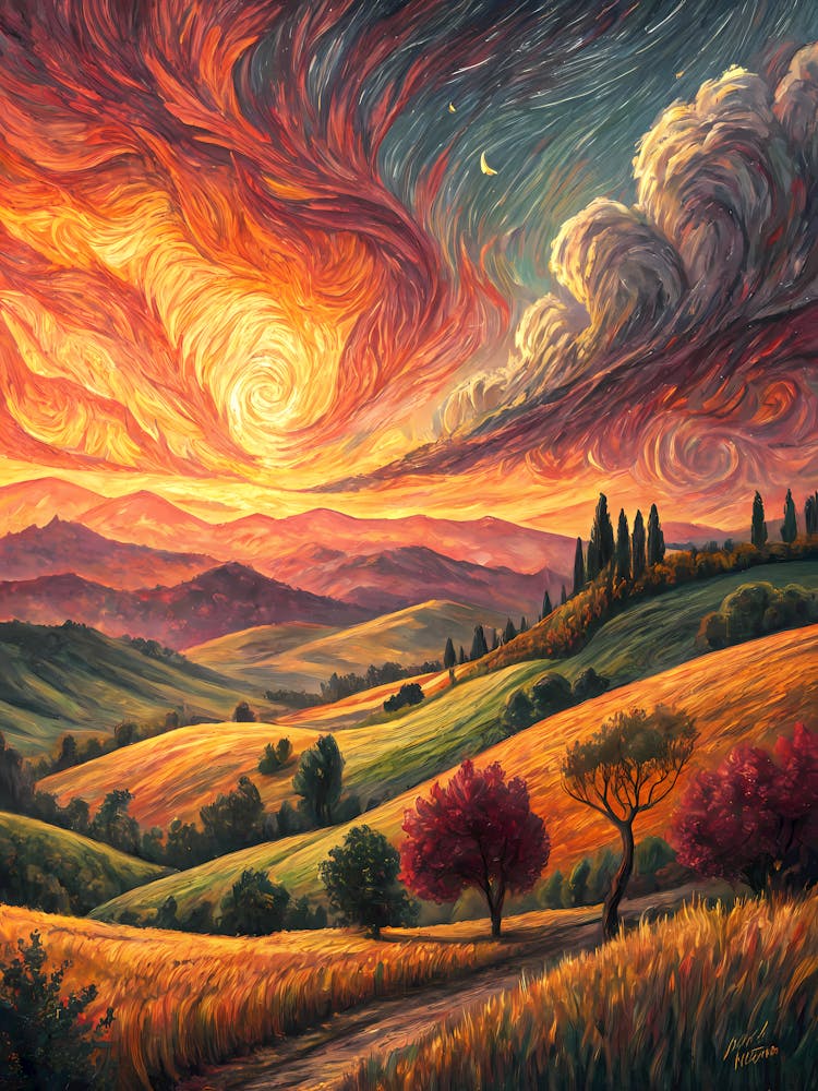 A Fiery Sunset Over Rolling Hills Oil Painting Style