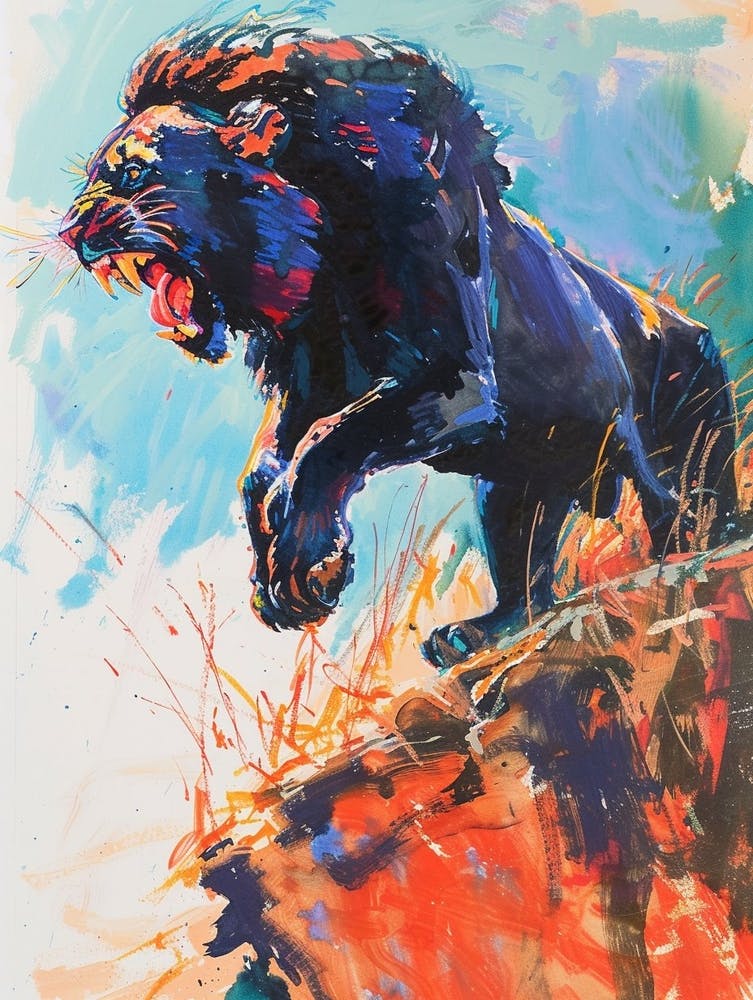 Black Lion Roaring On A Cliff Fauvist Painting 4