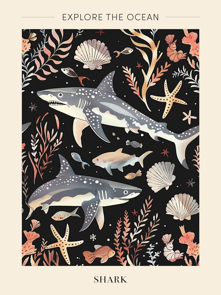 Shark Seascape Black Background Illustration 1 Poster