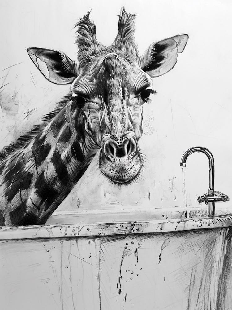 Giraffe In The Bath Pencil Drawing 1