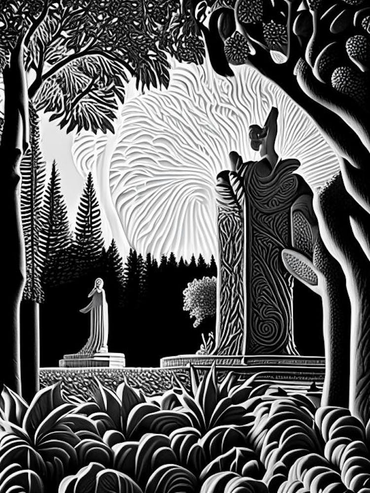 Vigeland Sculpture Park, 1, Norway Linocut Black And White Vintage