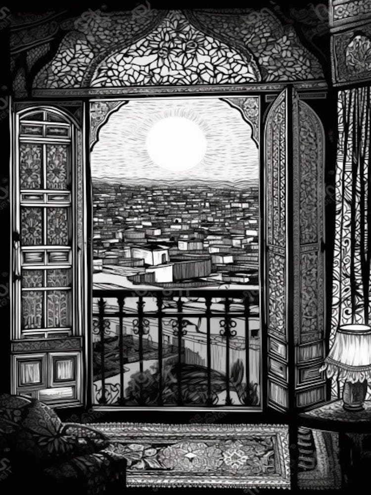 A Window View Of Marrakech In The Style Of Black And White  Line Art 4