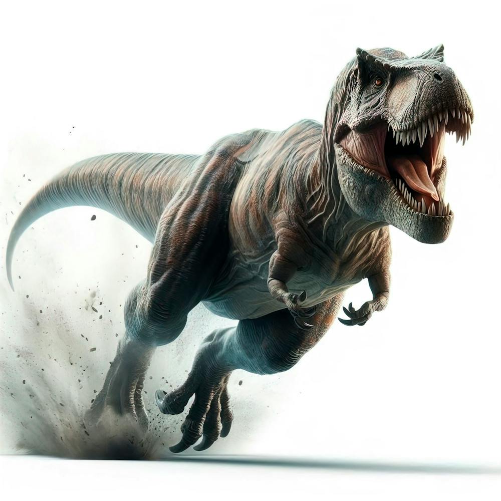 Tyrannosaurus Rex Dinosaur At Full Speed Long Shot White Background