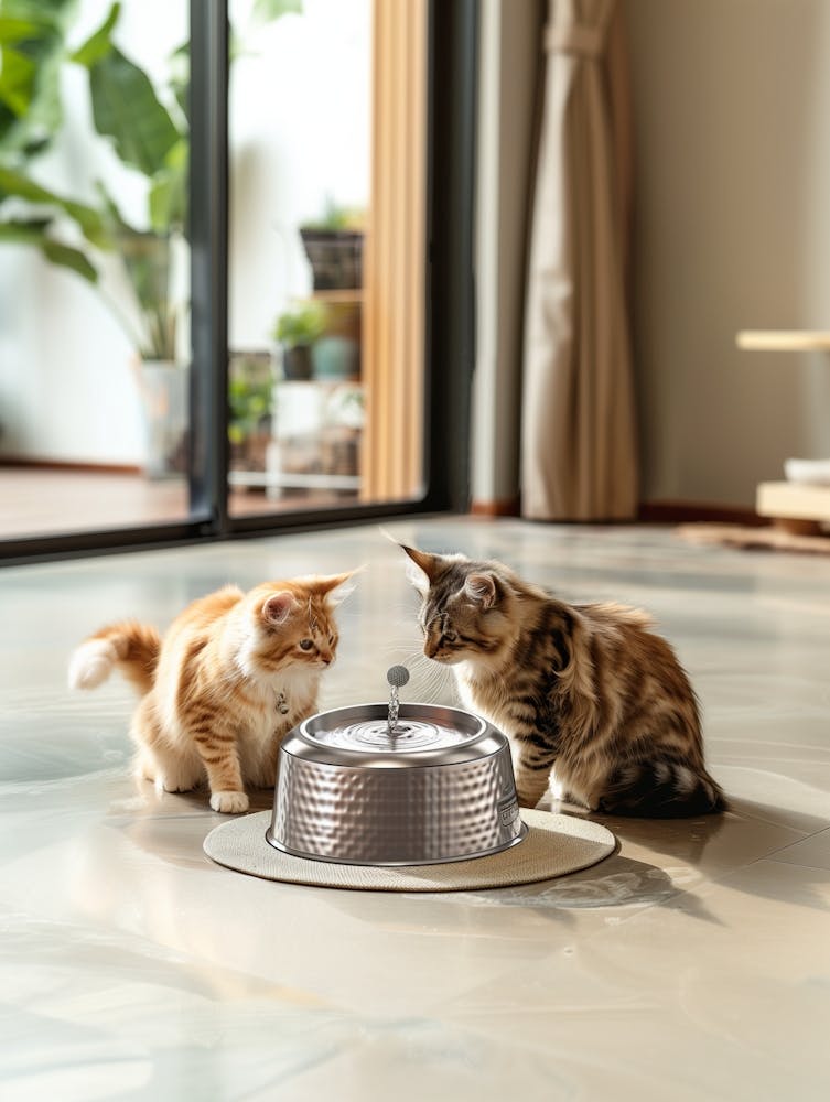 Two Cats Are Playing With A Stainless Steel Fountain, Beige Minimalist Modern Decoration, Modern Living Space In Kuno Amit Style, Eos R6 Mark Ii, Distant View, Panorama