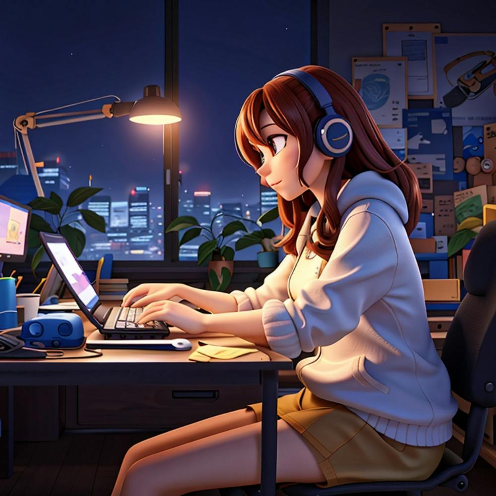 Anime Girl Working At Desk 1