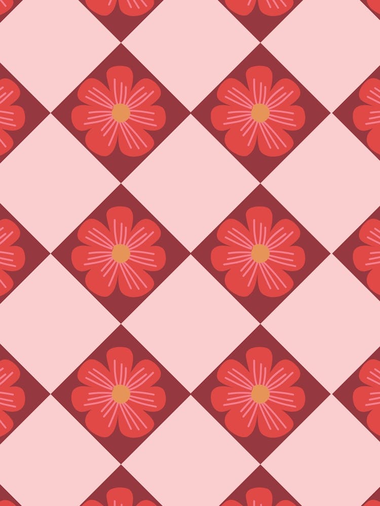 Retro Hand Drawn Flower Red and Pink Diamond Grid