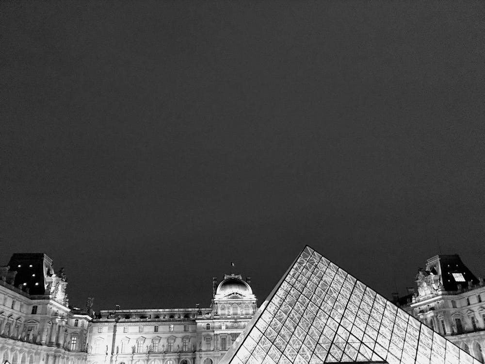 Black and White Louvre Pyramid At Night (Paris Series)