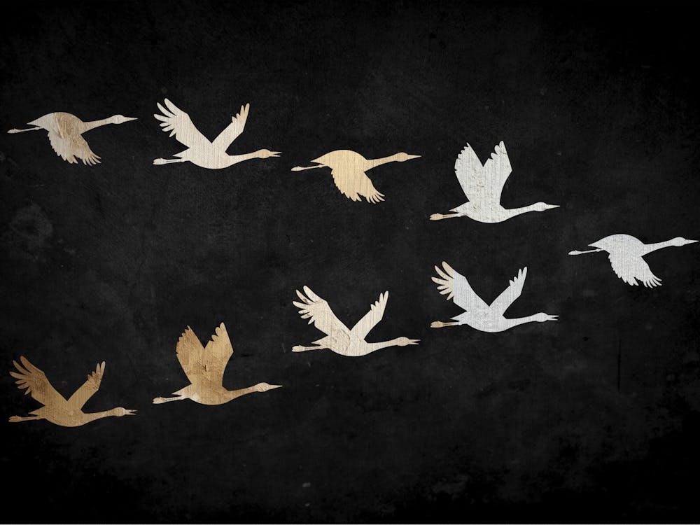 Black and Gold Flying Japanese Cranes Arwork
