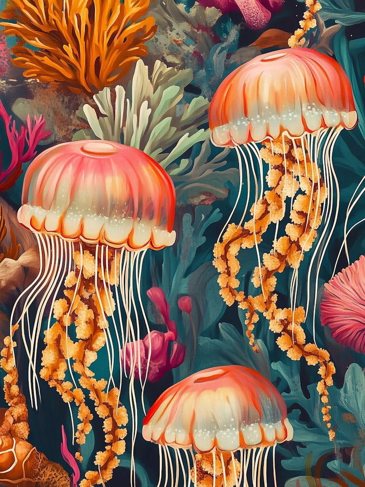 Bunte Jellyfish Malerei, Unterwasser Welt mit Algen-Korallen
