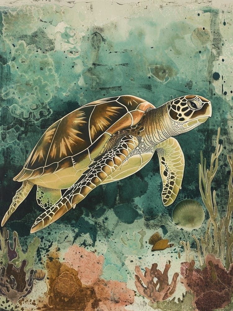 Cyanotype Inspired Sea Turtle On The Ocean Floor