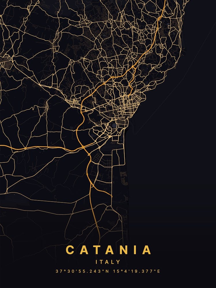 Catania Sicily Italy Black And Gold Map