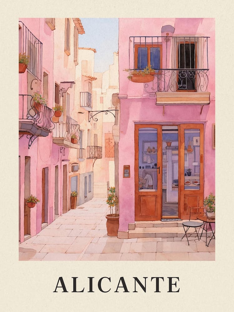 Alicante Spain 1 Vintage Pink Travel Illustration Poster