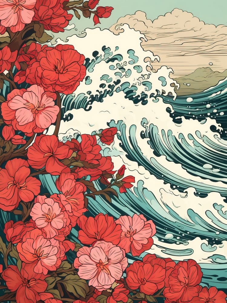 Great Wave With Bougainvillea Flower Drawing In The Style Of Ukiyo E 1