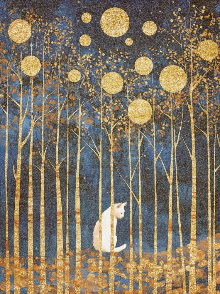 Klimt Inspired Night Forest Art With Cat, Trees And Moons, Whimsical Nightscape Abstract Woodland Gold Leaf Mixed Media Artwork, Surreal Nature Wall Art for Living Room, Bedroom, Office Luxe Interiors 1