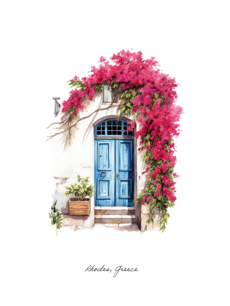 Rhodes, Greece   Mediterranean Doors Watercolour Painting 4 Poster