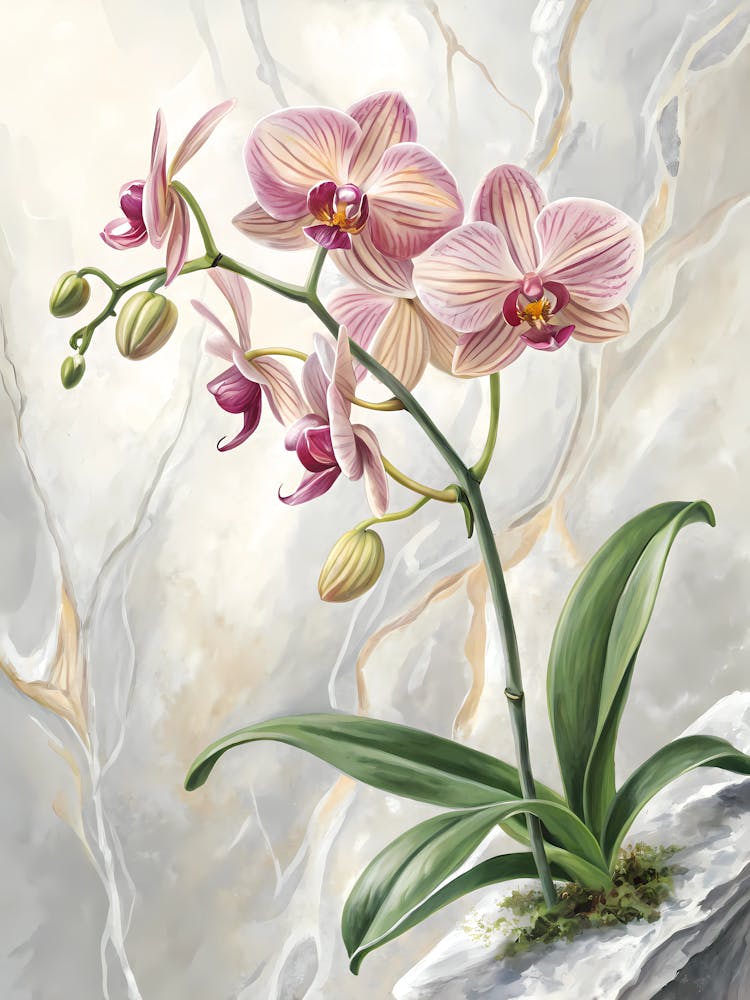 Oil Painting Style Elegant Orchid On Soft Marble