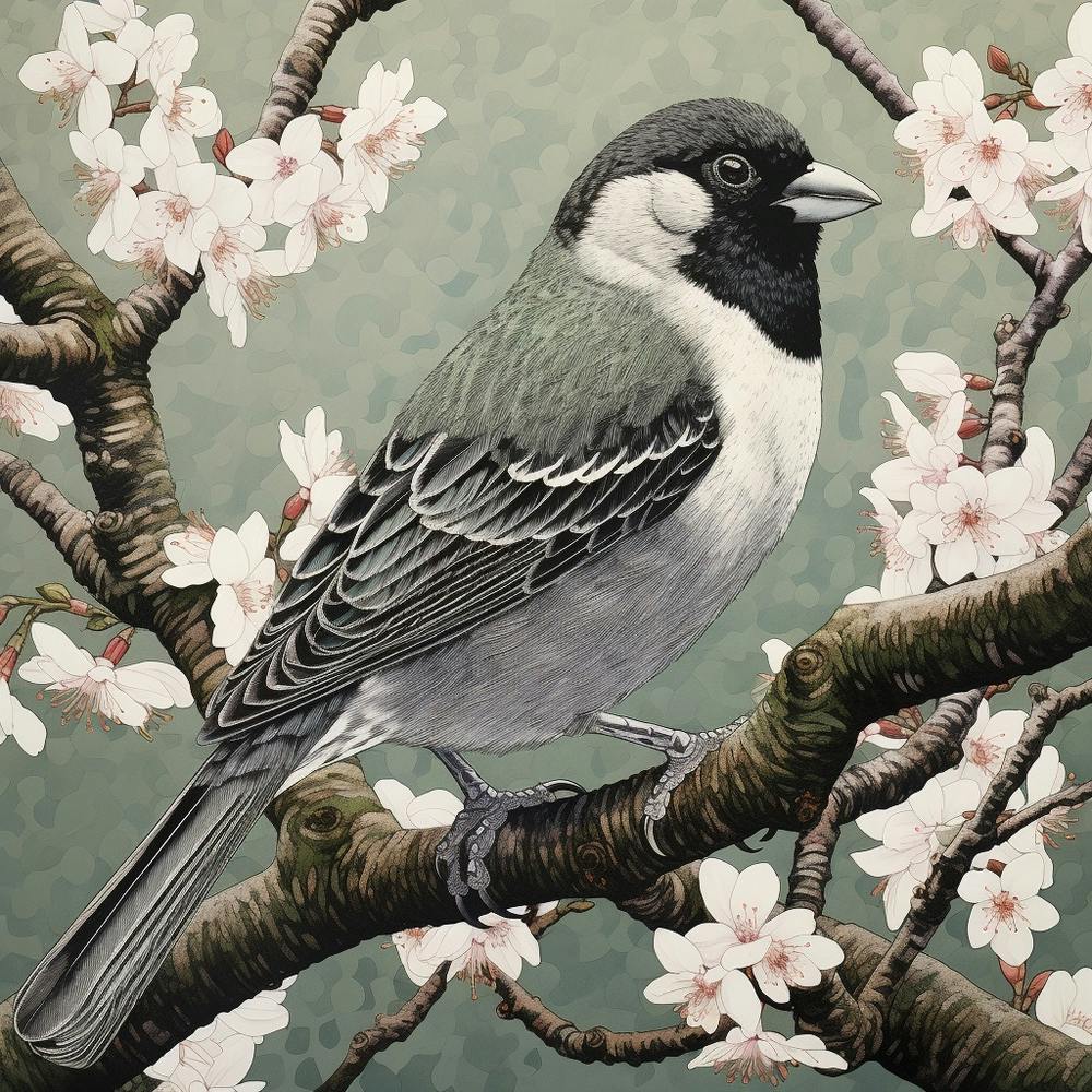 Ohara Koson Inspired Bird Painting Sparrow 1 Square