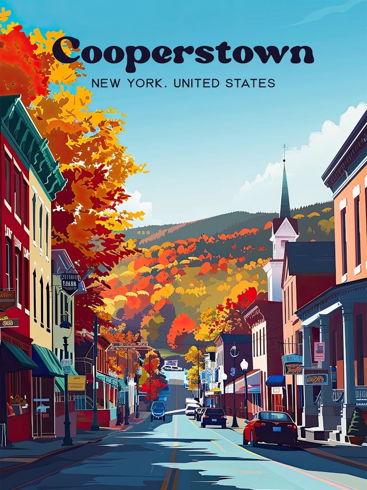 Cooperstown New York Town Travel Art Illustration