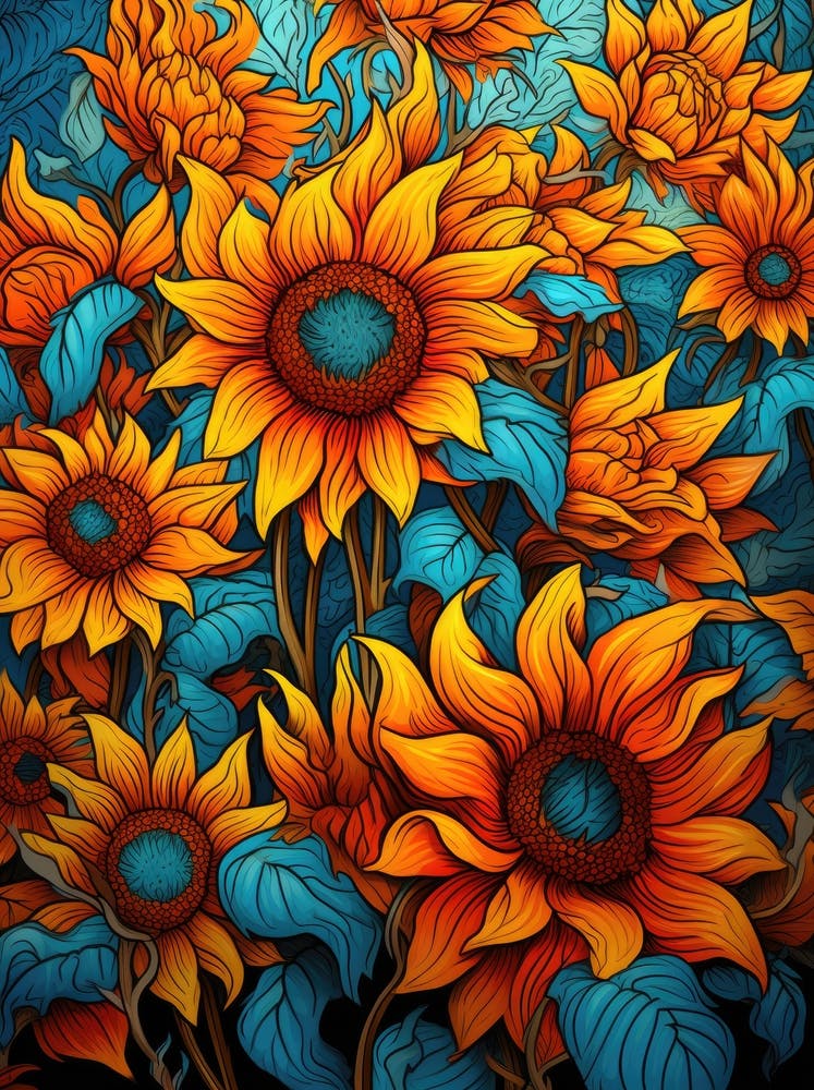 Sunflowers On A Blue Background