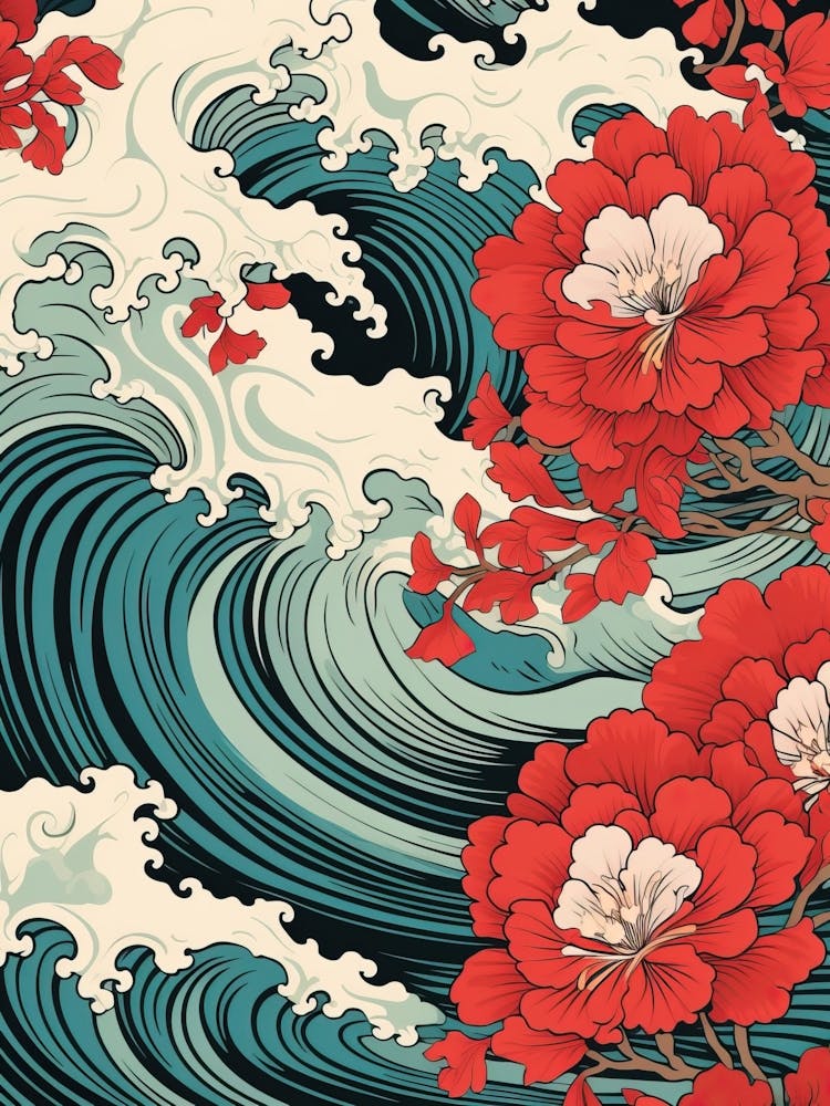 Great Wave Avec Fleur de Camélia Dessin Dans le Style Ukiyo-e 4