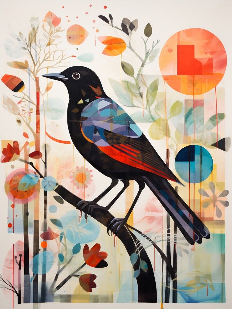 Merle 4 - Peinture Collage d'Oiseau