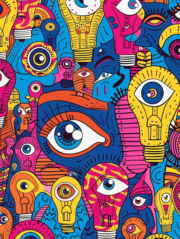 Hundreds Of Colorful One Eyed Lightbulb Heads Each With A Single All Seeing Eye, Retro 1960s Comic Illustration, Poster Art, In The Style Of Friz Freleng And Pink Panther Chaos 30