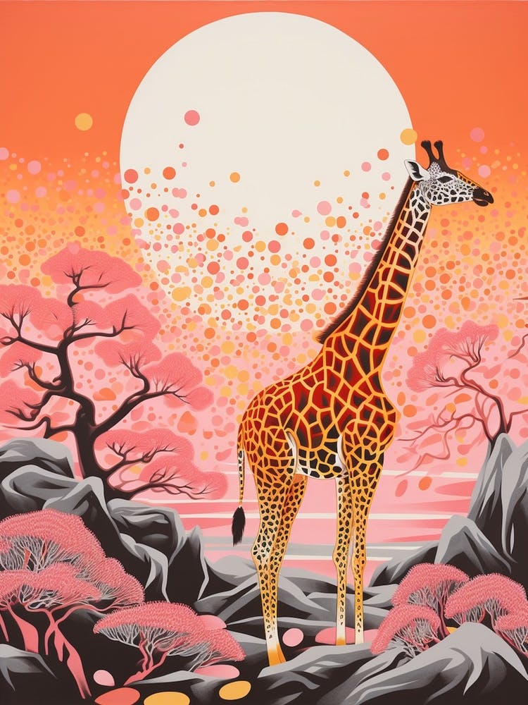 Giraffe In The Nature With Trees Pink 1