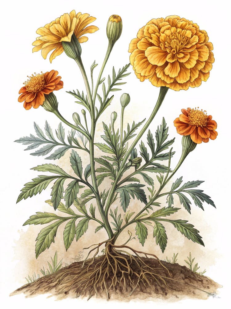 Oil Painting Style Marigold Plant Botanical Sketch