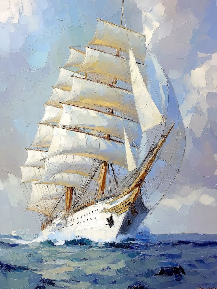 Sailing Ship On The Sea, The Whole Scene Is Composed Of Many Small Squares And Triangles
