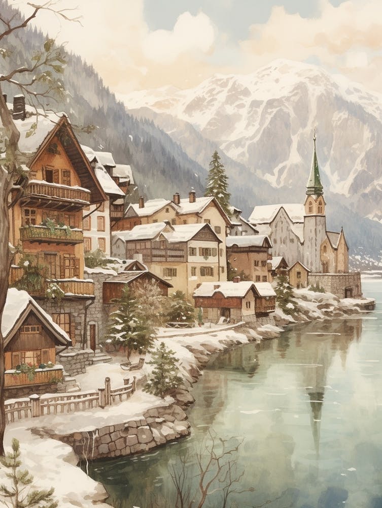 Vintage Winter Illustration Hallstatt Austria 4