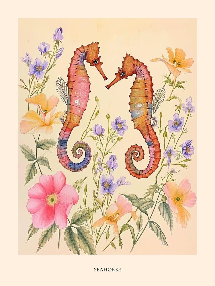 Folksy Blumen Tierzeichnung Seepferdchen 2 Poster