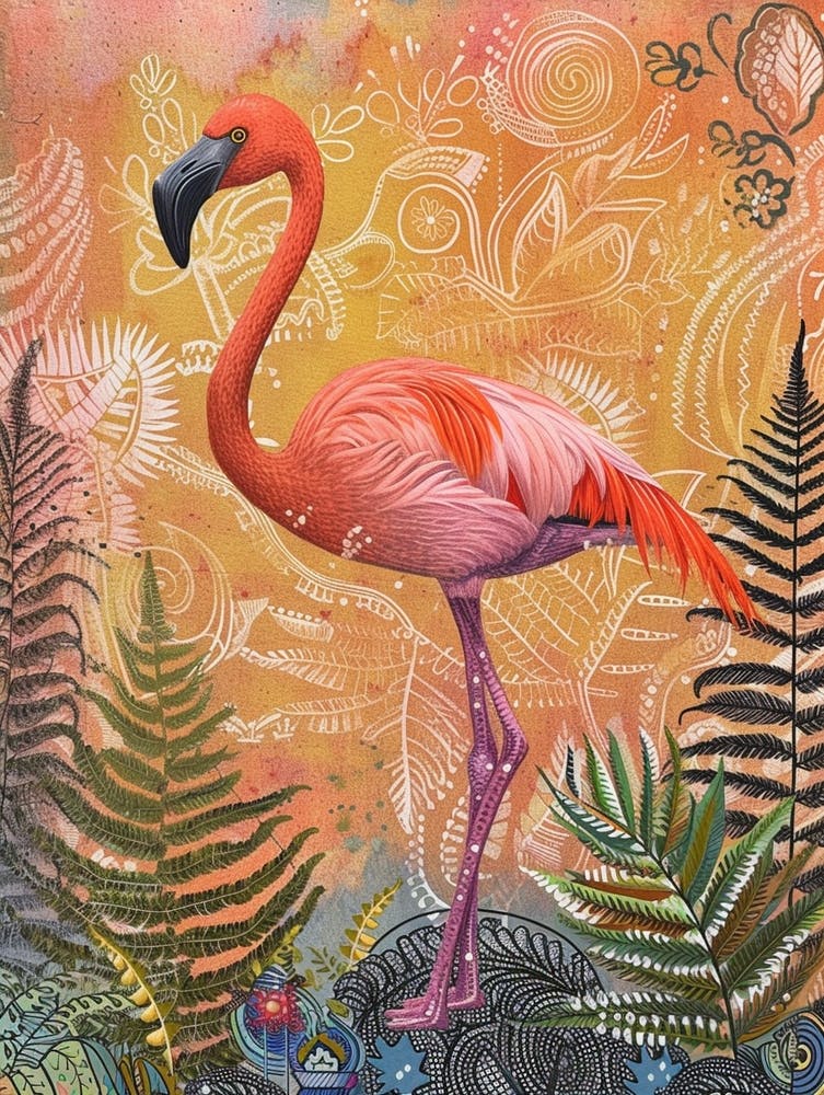 Greater Flamingo And Ferns Boho Print 3