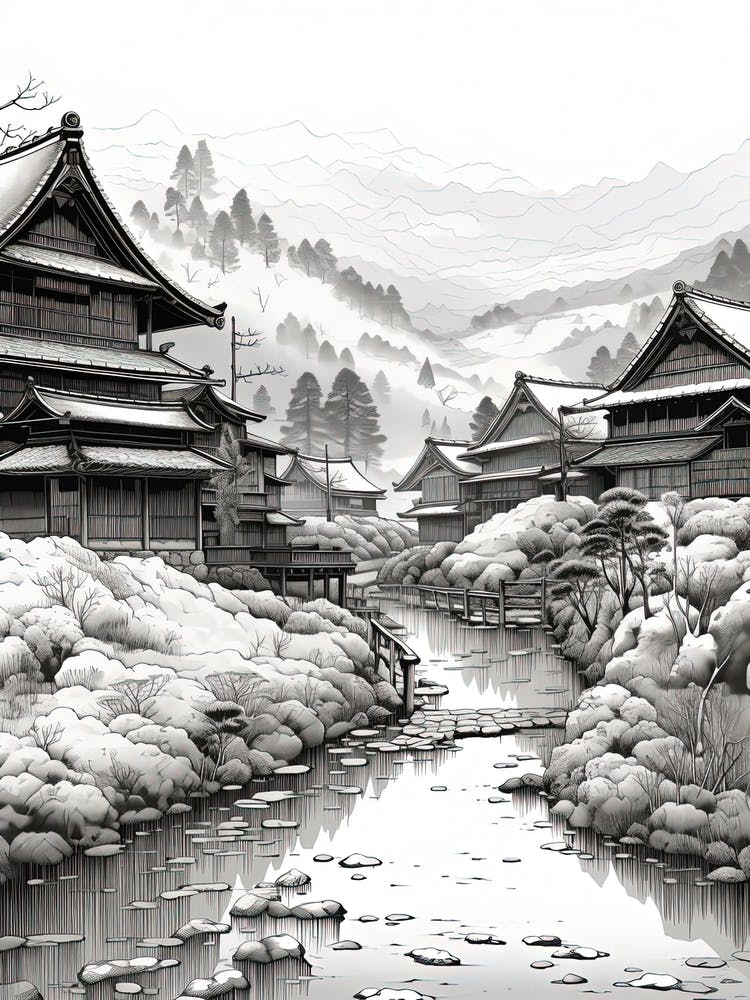 Shirakawa Go In Gifu, Ukiyo E Black And White Line Art Drawing 4